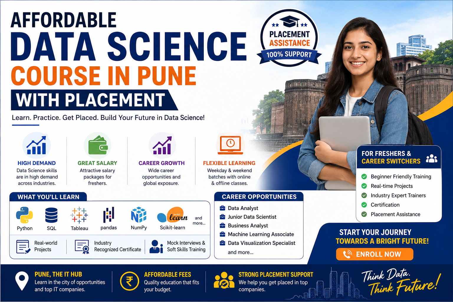 Affordable Data Science Course in Pune with Placement poster showcasing Python, SQL, analytics tools, certification, practical training, and career opportunities for freshers.